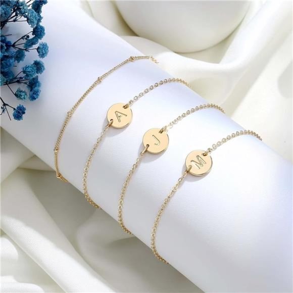 Gold Initial Bracelets for Women Girls, Dainty 14K Gold Filled Layered Beaded - Picture 5 of 6